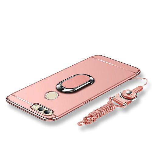 Luxury Metal Frame and Plastic Back Cover with Finger Ring Stand and Lanyard for Huawei Nova 2 Plus Rose Gold