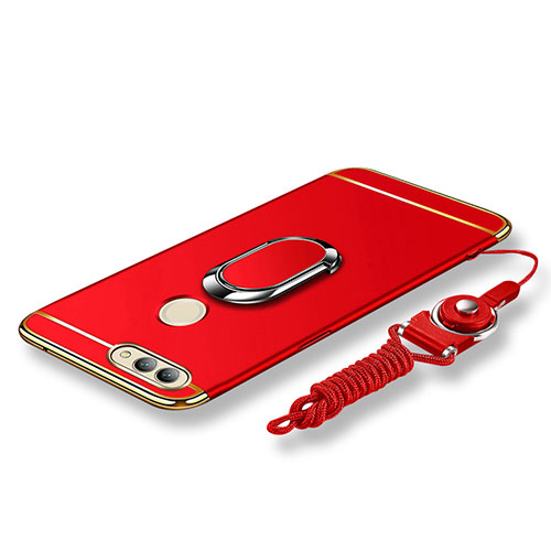 Luxury Metal Frame and Plastic Back Cover with Finger Ring Stand and Lanyard for Huawei Nova 2 Red