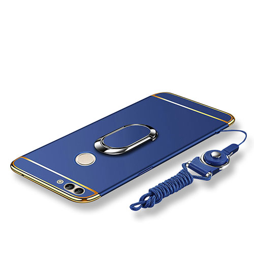 Luxury Metal Frame and Plastic Back Cover with Finger Ring Stand and Lanyard for Huawei P Smart Blue