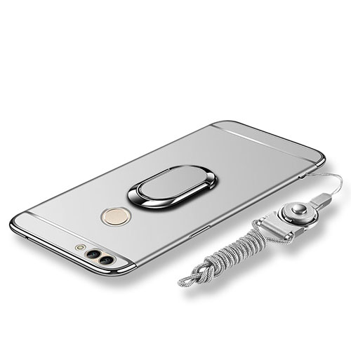 Luxury Metal Frame and Plastic Back Cover with Finger Ring Stand and Lanyard for Huawei P Smart Silver