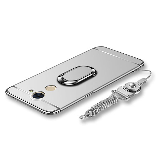 Luxury Metal Frame and Plastic Back Cover with Finger Ring Stand and Lanyard for Huawei Y7 Prime Silver