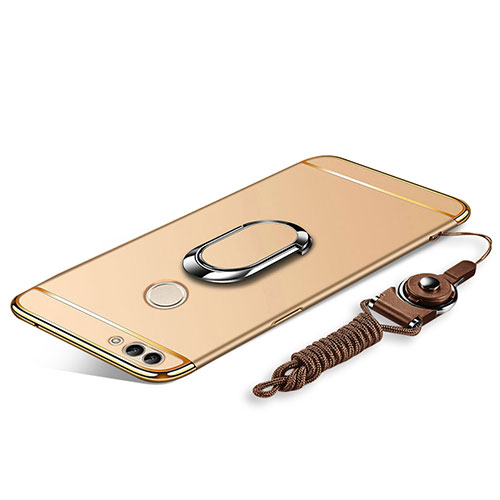 Luxury Metal Frame and Plastic Back Cover with Finger Ring Stand and Lanyard for Huawei Y9 (2018) Gold