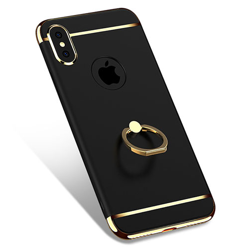 Luxury Metal Frame and Plastic Back Cover with Finger Ring Stand F02 for Apple iPhone Xs Black