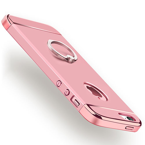 Luxury Metal Frame and Plastic Back Cover with Finger Ring Stand for Apple iPhone 5S Rose Gold