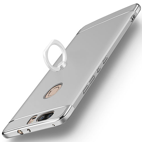 Luxury Metal Frame and Plastic Back Cover with Finger Ring Stand for Huawei Honor V8 Silver