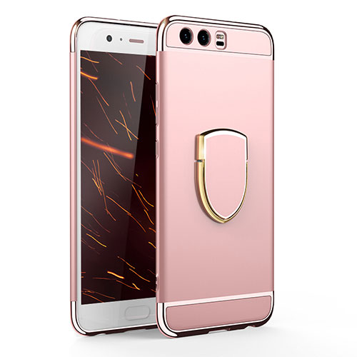 Luxury Metal Frame and Plastic Back Cover with Finger Ring Stand for Huawei P10 Rose Gold