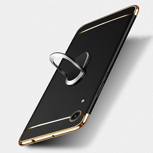 Luxury Metal Frame and Plastic Back Cover with Finger Ring Stand for Huawei Y6 (2019) Black