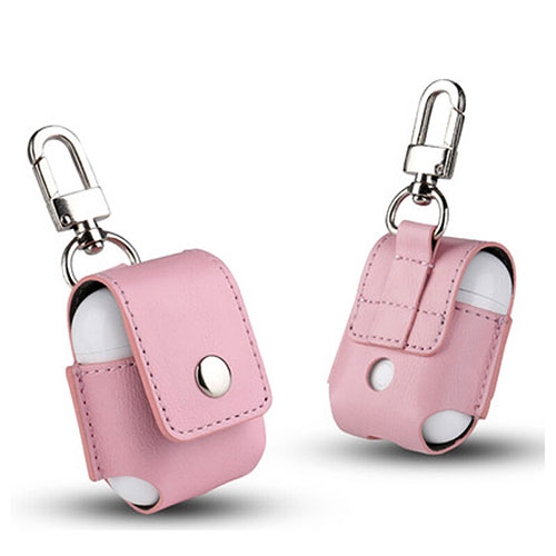 Protective Leather Case Skin for Apple Airpods Charging Box with Keychain A01 Pink