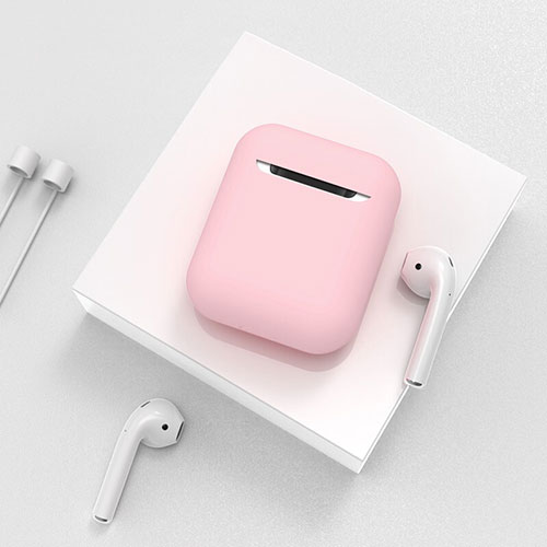 Protective Silicone Case Skin for Apple Airpods Charging Box with Keychain C01 Pink