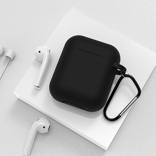 Protective Silicone Case Skin for Apple Airpods Charging Box with Keychain C02 Black