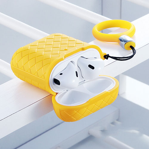 Protective Silicone Case Skin for Apple Airpods Charging Box with Keychain C04 Yellow