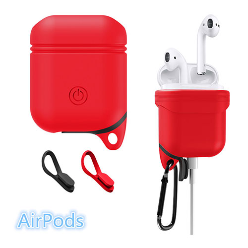 Protective Silicone Cover Skin for Apple Airpods Charging Box with Keychain Z02 Red