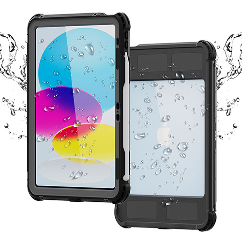 Silicone and Plastic Waterproof Cover Case 360 Degrees Underwater Shell for Apple iPad 10.9 (2022) Black