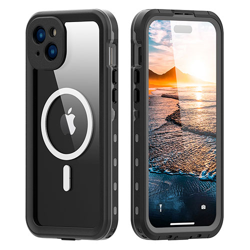 Silicone and Plastic Waterproof Cover Case 360 Degrees Underwater Shell with Mag-Safe Magnetic for Apple iPhone 15 Plus Black