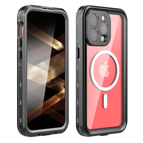 Silicone and Plastic Waterproof Cover Case 360 Degrees Underwater Shell with Mag-Safe Magnetic HJ1 for Apple iPhone 15 Pro Max Black