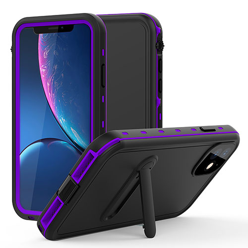 Silicone and Plastic Waterproof Cover Case 360 Degrees Underwater Shell with Stand for Apple iPhone 11 Purple