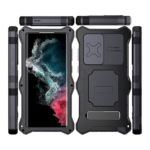 Silicone and Plastic Waterproof Cover Case 360 Degrees Underwater Shell with Stand T02 for Samsung Galaxy S22 Ultra 5G Black