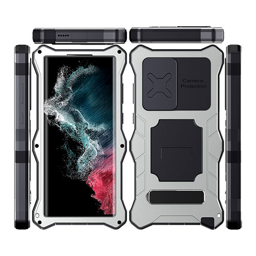 Silicone and Plastic Waterproof Cover Case 360 Degrees Underwater Shell with Stand T02 for Samsung Galaxy S23 Ultra 5G Silver