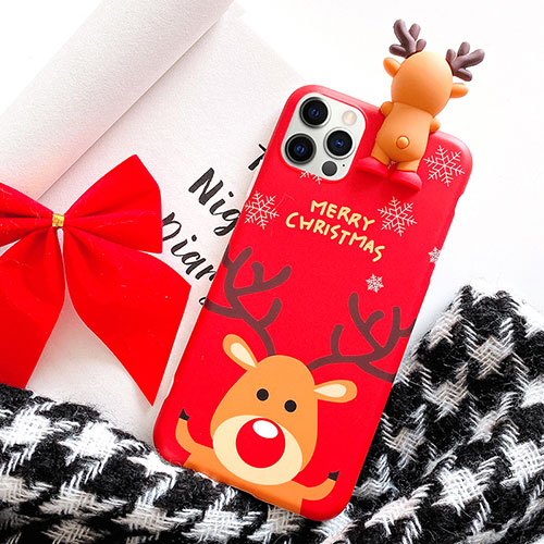 Silicone Candy Rubber Gel Christmas Pattern Soft Case Cover S02 for Apple iPhone 12 Pro Red