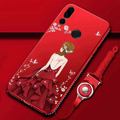 Silicone Candy Rubber Gel Dress Party Girl Soft Case Cover K01 for Huawei P Smart+ Plus (2019) Red