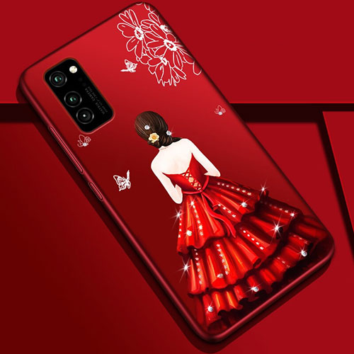 Silicone Candy Rubber Gel Dress Party Girl Soft Case Cover S01 for Huawei Honor View 30 5G Red