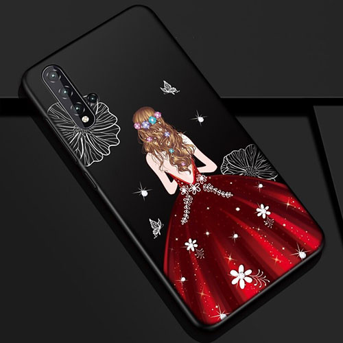 Silicone Candy Rubber Gel Dress Party Girl Soft Case Cover S01 for Huawei Nova 5 Pro Red and Black