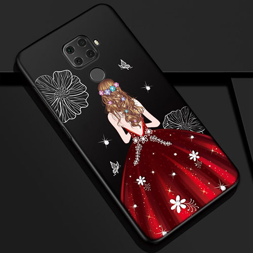 Silicone Candy Rubber Gel Dress Party Girl Soft Case Cover S01 for Huawei Nova 5z Red and Black