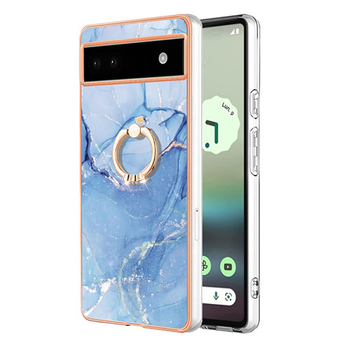 Silicone Candy Rubber Gel Fashionable Pattern Soft Case Cover with Finger Ring Stand Y01B for Google Pixel 6a 5G Blue