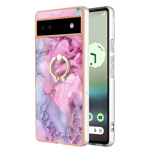 Silicone Candy Rubber Gel Fashionable Pattern Soft Case Cover with Finger Ring Stand Y01B for Google Pixel 6a 5G Clove Purple