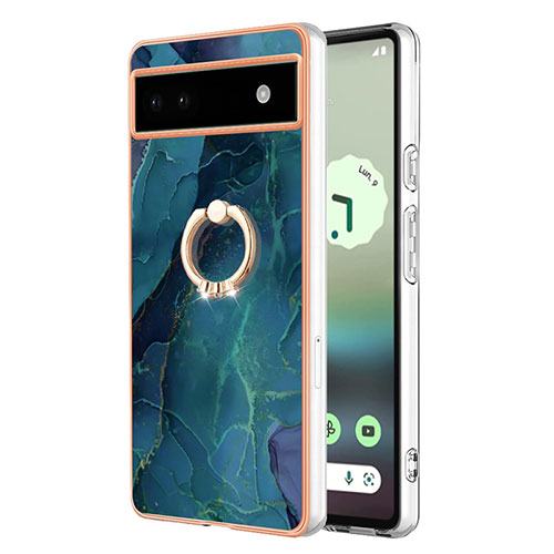 Silicone Candy Rubber Gel Fashionable Pattern Soft Case Cover with Finger Ring Stand Y01B for Google Pixel 6a 5G Green