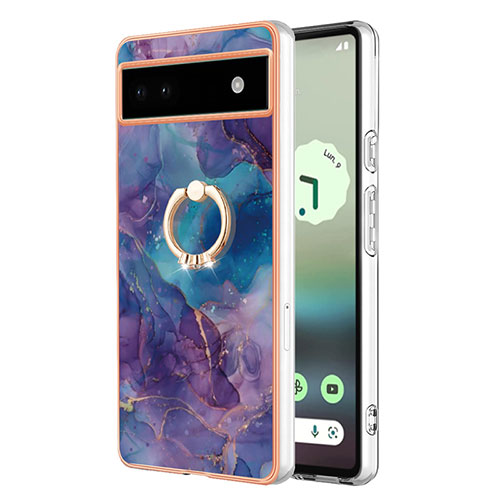 Silicone Candy Rubber Gel Fashionable Pattern Soft Case Cover with Finger Ring Stand Y01B for Google Pixel 6a 5G Purple