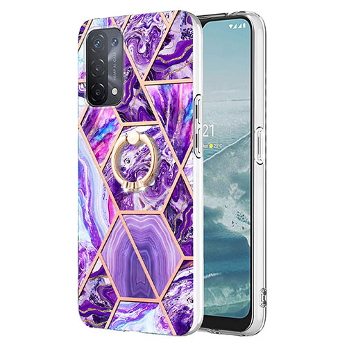 Silicone Candy Rubber Gel Fashionable Pattern Soft Case Cover with Finger Ring Stand Y01B for Oppo A74 5G Purple