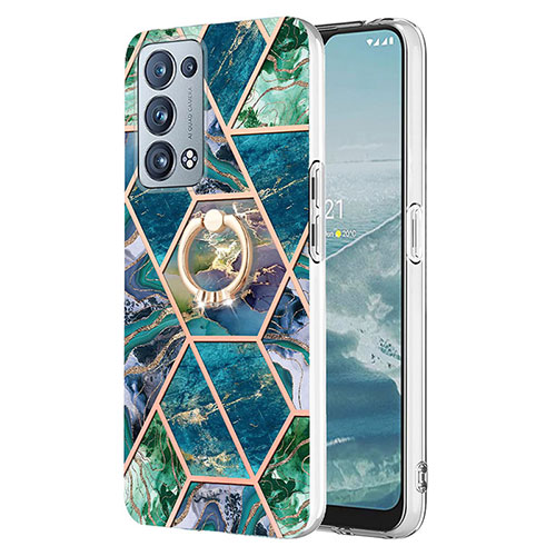 Silicone Candy Rubber Gel Fashionable Pattern Soft Case Cover with Finger Ring Stand Y01B for Oppo Reno6 Pro+ Plus 5G Midnight Green