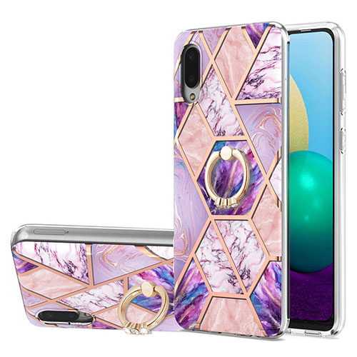 Silicone Candy Rubber Gel Fashionable Pattern Soft Case Cover with Finger Ring Stand Y01B for Samsung Galaxy A02 Clove Purple