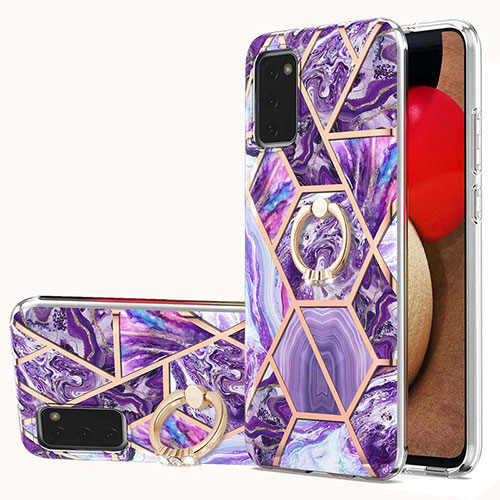 Silicone Candy Rubber Gel Fashionable Pattern Soft Case Cover with Finger Ring Stand Y01B for Samsung Galaxy A03s Purple