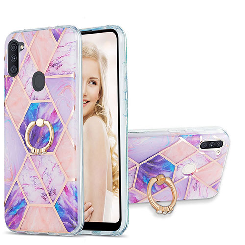 Silicone Candy Rubber Gel Fashionable Pattern Soft Case Cover with Finger Ring Stand Y01B for Samsung Galaxy A11 Clove Purple