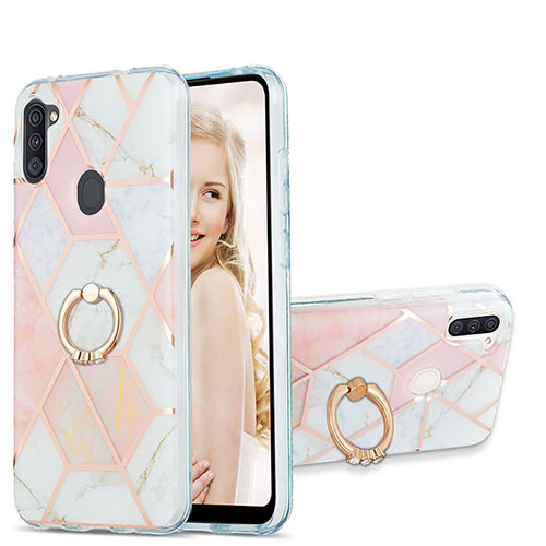 Silicone Candy Rubber Gel Fashionable Pattern Soft Case Cover with Finger Ring Stand Y01B for Samsung Galaxy A11 Pink