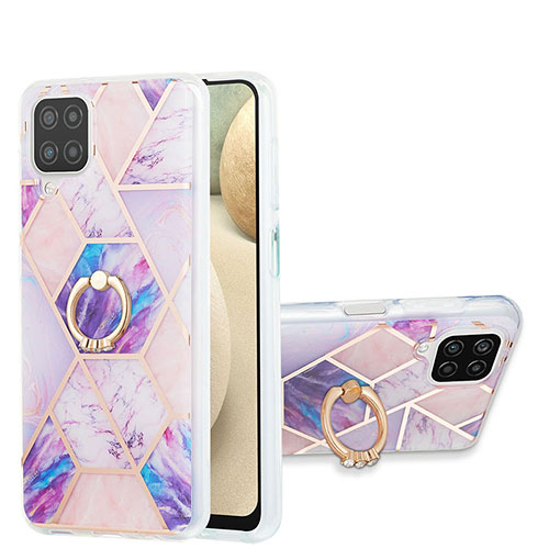 Silicone Candy Rubber Gel Fashionable Pattern Soft Case Cover with Finger Ring Stand Y01B for Samsung Galaxy A12 5G Clove Purple