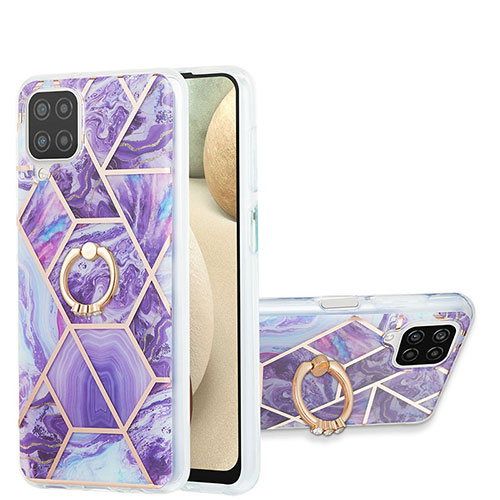 Silicone Candy Rubber Gel Fashionable Pattern Soft Case Cover with Finger Ring Stand Y01B for Samsung Galaxy A12 5G Purple