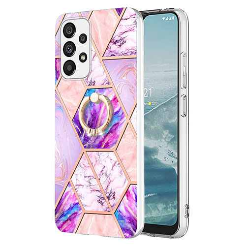 Silicone Candy Rubber Gel Fashionable Pattern Soft Case Cover with Finger Ring Stand Y01B for Samsung Galaxy A13 4G Clove Purple