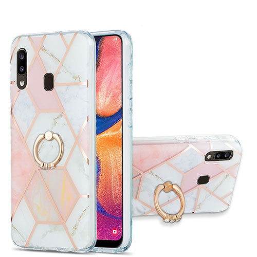 Silicone Candy Rubber Gel Fashionable Pattern Soft Case Cover with Finger Ring Stand Y01B for Samsung Galaxy A20 Pink