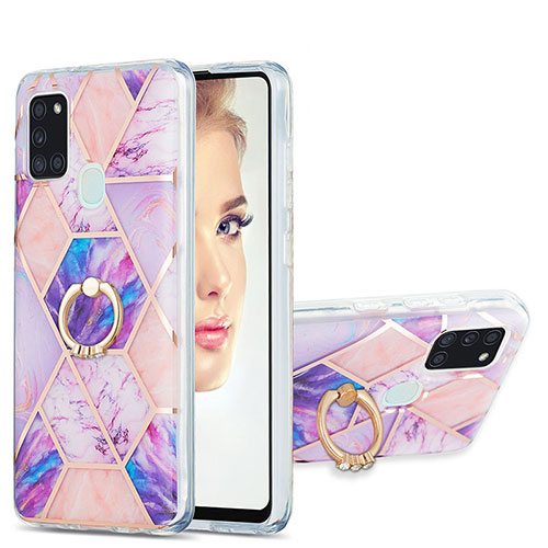 Silicone Candy Rubber Gel Fashionable Pattern Soft Case Cover with Finger Ring Stand Y01B for Samsung Galaxy A21s Clove Purple