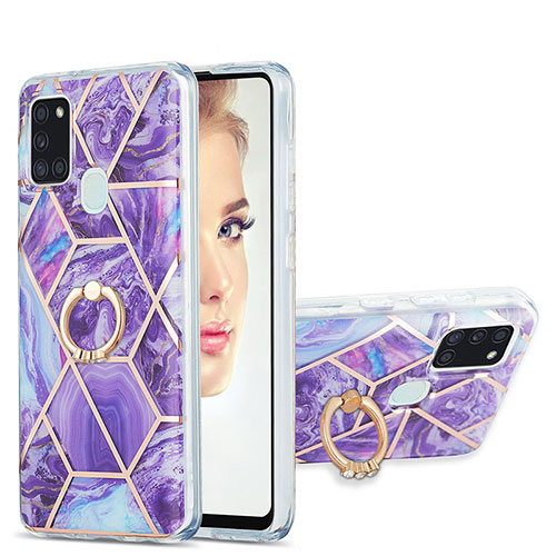 Silicone Candy Rubber Gel Fashionable Pattern Soft Case Cover with Finger Ring Stand Y01B for Samsung Galaxy A21s Purple