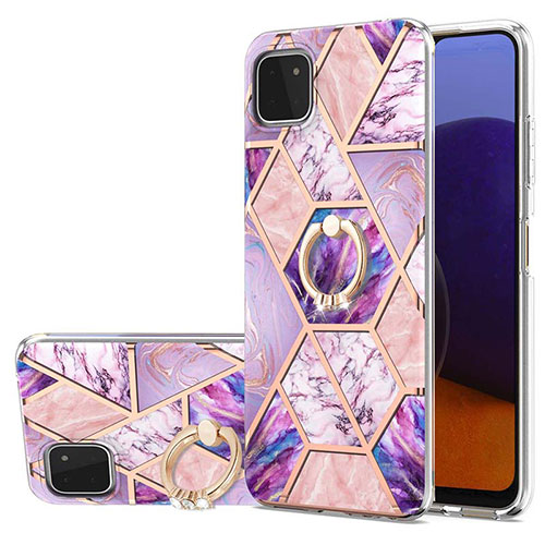 Silicone Candy Rubber Gel Fashionable Pattern Soft Case Cover with Finger Ring Stand Y01B for Samsung Galaxy A22 5G Clove Purple