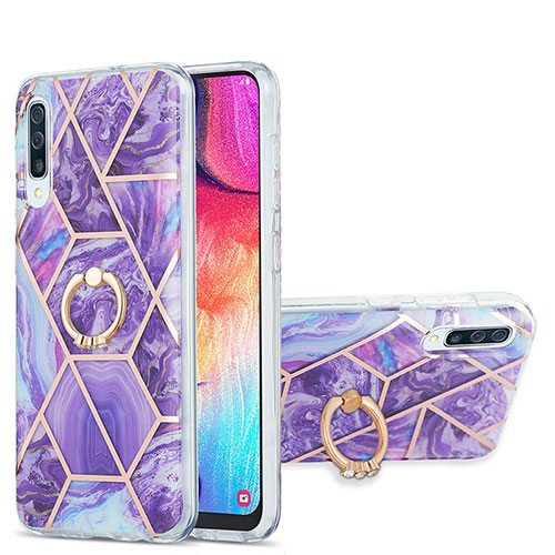 Silicone Candy Rubber Gel Fashionable Pattern Soft Case Cover with Finger Ring Stand Y01B for Samsung Galaxy A30S Purple