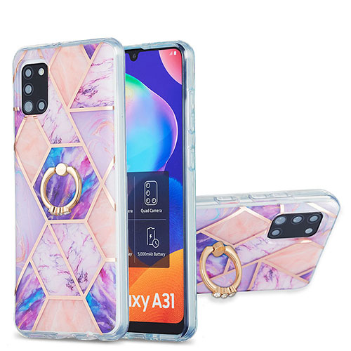 Silicone Candy Rubber Gel Fashionable Pattern Soft Case Cover with Finger Ring Stand Y01B for Samsung Galaxy A31 Clove Purple