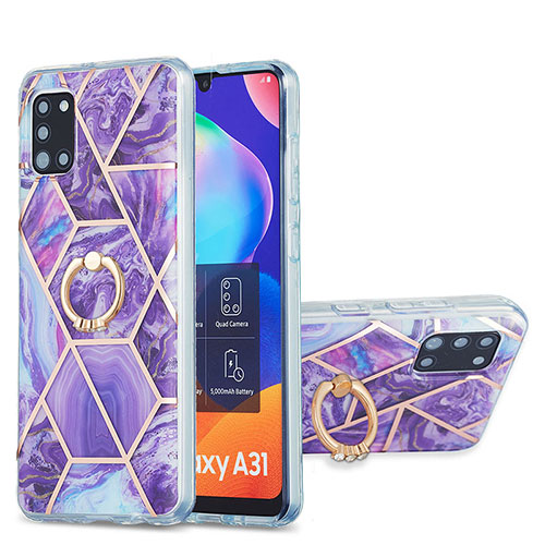 Silicone Candy Rubber Gel Fashionable Pattern Soft Case Cover with Finger Ring Stand Y01B for Samsung Galaxy A31 Purple