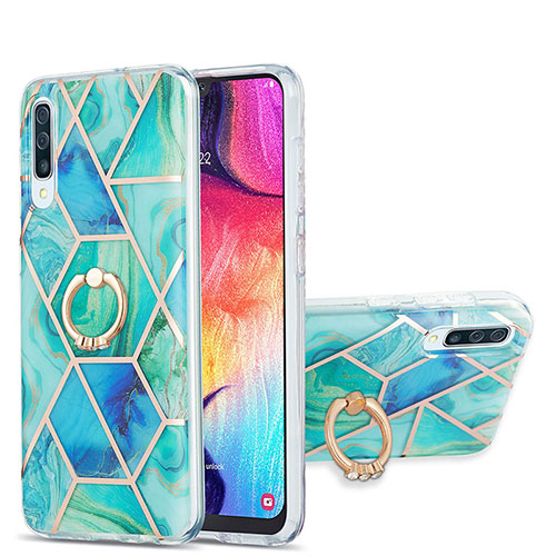 Silicone Candy Rubber Gel Fashionable Pattern Soft Case Cover with Finger Ring Stand Y01B for Samsung Galaxy A50 Green