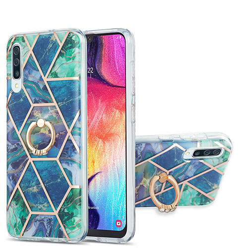 Silicone Candy Rubber Gel Fashionable Pattern Soft Case Cover with Finger Ring Stand Y01B for Samsung Galaxy A50 Midnight Green