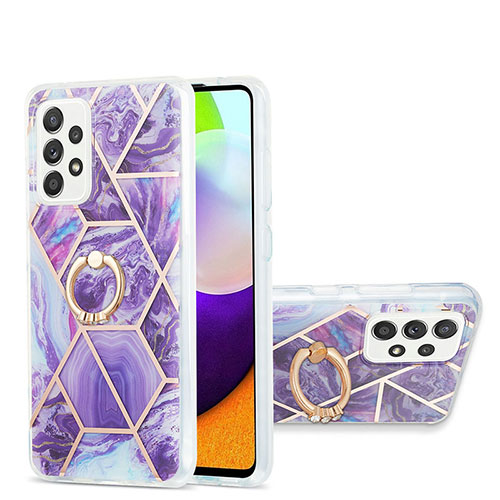 Silicone Candy Rubber Gel Fashionable Pattern Soft Case Cover with Finger Ring Stand Y01B for Samsung Galaxy A52 4G Purple